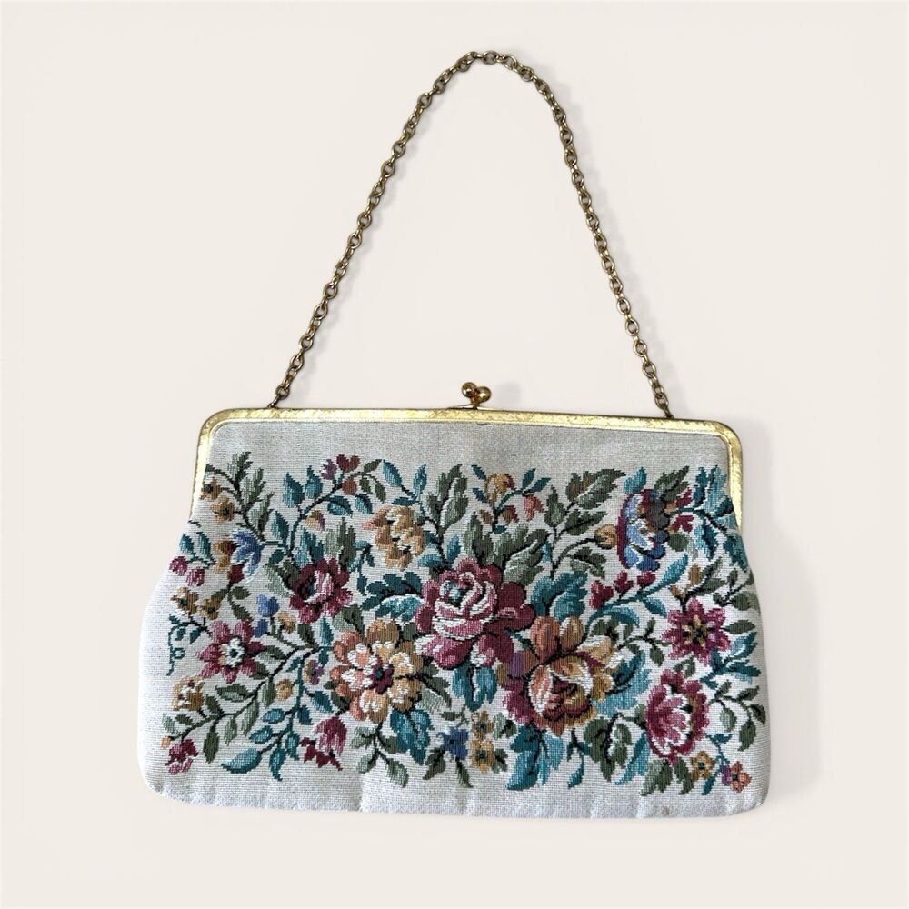 Vtg Needlepoint Tapestry Bag Handmade Floral Grandmacore 50s MCM Evening Classy